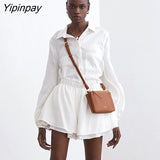 Yipinpay Linen Two Piece Baggy Shirts Set Women Loose Blouse Tops And Shorts High Waist Streetwear 2023 Summer White Outfits Sets