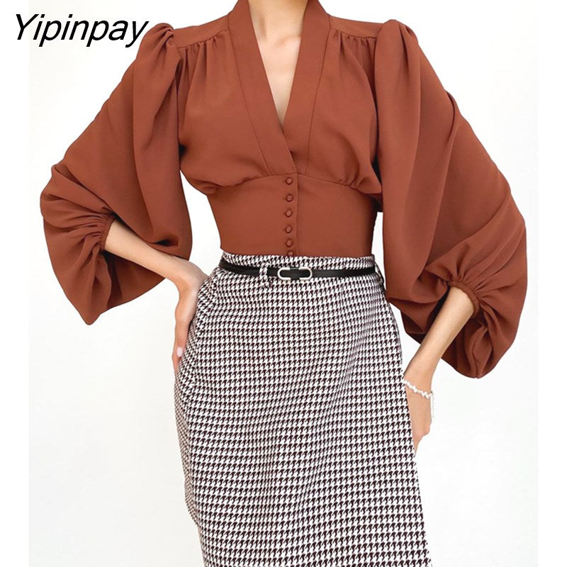 Yipinpay 2023 Spring New Vintage Lantern Sleeve Slim Women Shirt Korea Style Button Up Woman Short Blouse Female Clothing Tops