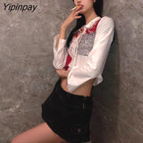 Yipinpay 2023 Autumn Street Style Slim Long Sleeve Print Women Short Shirt Sexy Button Ladies Crop Top Party Blouse New In Clothing