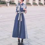 Yipinpay Spring Button Up Women Maxi Dress Streetwear Loose Sashes Long Sleeve Shirt Dresses Patchwork Turn Down Collar Ladies Robe