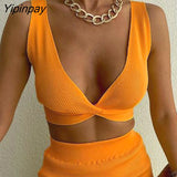 Yipinpay Women Knit Vest And Skirt Suits Female High Waist Side Split Skinny Skirts Set 2023 Summer Solid Sexy Backless Camis Outfits