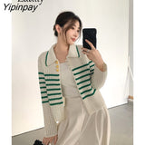 Yipinpay 2023 Winter Office Lady Long Sleeve Stripe Women Shirt Korean style Button Up Hollow Out Knit Blouse Spring Women Tops