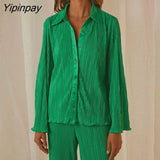 Yipinpay Pleated Printed Suit Women Long Sleeve V Neck Blouse And High Waist Pants Two Piece Sets Female Elegant Trousers Outfits