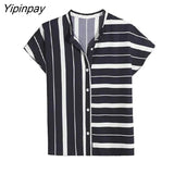 Yipinpay 2023 Summer Striped Short Sleeve Chiffon Shirt Women Office Lady Button Loose Ladies Blouse Work Female Clothing Tops