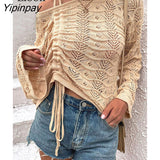 Yipinpay Sexy Drawstring Ruched Knit Tops Women Pullover Sweater Female Jumper Flare Sleeve Hollow Out Asymmetrical Loose Sweaters