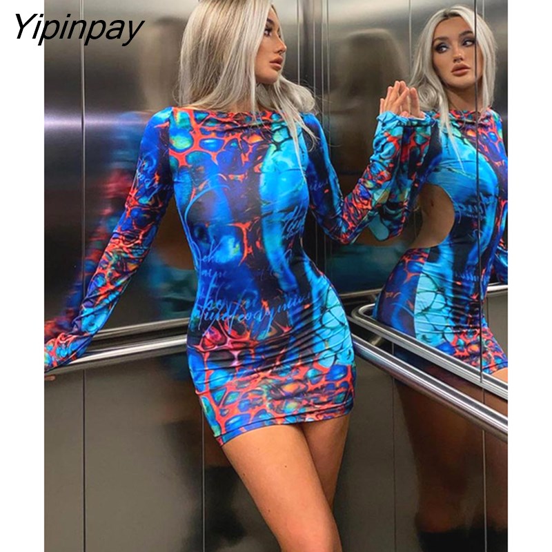 Yipinpay Women Sexy Cut Out Backless Mini Dress Ladies Vintage Print Full Sleeves Slim Dresses 2023 Summer Female Fashion Streetwear