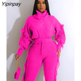 Yipinpay Women's Tassel Knited Tracksuit Sets Elegant Puff Sleeve Turtleneck Sweater And Pants 2 Piece Suits 2023 Warm Sweaters Outfits