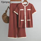 Yipinpay Color Block Knit Two Piece Set Women Button Tops And Wide Leg Pants High Waist Patchwork Knitwear Outfits Summer Sets
