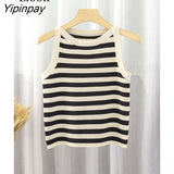 Yipinpay Stripe Knit Tank Crop Top Summer Basic Vest 2023 Women Outfits Streetwear Sleeveless O Neck Black White Knitwear Cute Tops