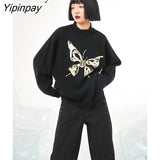 Yipinpay 2023 Winter Long Sleeve Bufferfly Embroidery Sweater Women Streetwear Loose O Neck Knit Ladies Pullover Female Clothing