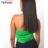Yipinpay Sexy Ruched Satin Halter Tops Women Short Vest 2023 Summer Backless Camis Streetwear Sleeveless V Neck Black Crop Top