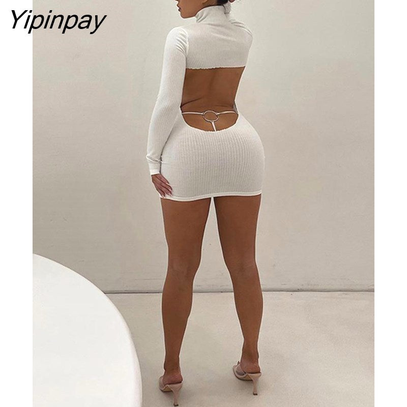 Yipinpay Sexy Backless Thin Slim Sweater Dress Female Long Sleeve High Collar Casual Club Bar Mini Dresses Lady Show Waist Sundress