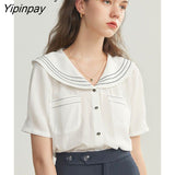 Yipinpay 2023 Summer French style Short Sleeve White Shirt Women Sailor Collar Solid Button Blouse Work Female Clothing Tops