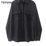 Yipinpay 2023 Spring Minimalist Long Sleeve Woman Black Shirt Korea Style Oversize Button Up Pocket Woman Blouse Clothing Top