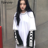 Yipinpay Harajuku Patchwork T Shirts Fake Two Pieces punk product Striped Long Sleeve Casual T-shirt O-neck Women size Top Tees