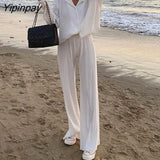 Yipinpay Shirt Suits Pleated Notched Single-Breasted Female Cardigan Two-Piece Loose Shirts and High-Waist Wide-Leg Pants Sets