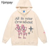 Yipinpay Women Sweatshirts Zip Up Hoodie Oversized Skeleton Korean Fashion Graphic Jackets Gothic Streetwear Grunge Harajuku Y2k Clothes