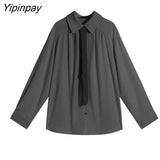 Yipinpay 2023 Spring Office Lady Long Sleeve Folds Women Basic Shirt Minimalist Tie Button Up Loose Woman Tunic Blouse Clothing