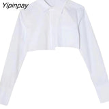 Yipinpay 2023 Summer Y2K Asymmetrical Long Sleeve White Shirt Women Sexy Button Slim Crop Tops Blouse Streetwear Female Clothing