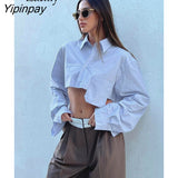 Yipinpay Spring New In Streetwear Asymmetrical Women Shirt Y2K Long Sleeve Pocket Button Up Woman Crop Tops 2023 Blouse Clothing