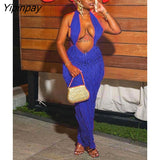 Yipinpay Halter Low Cut Backless Maxi Dress For Women Sleeveless Pleated Slim Dresses 2023 Summer Beach Harajuku Lolita Y2K Vestidos