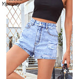 Yipinpay Blue Distressed Ripped Denim Shorts Women Bottoms Streetwear With Pockets Summer Washed High Waist Sexy Hole Jean Shorts