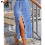 Yipinpay Button Up High Waist Skinny Slit Jean Skirt Pencil Office Lady Single Breasted Knee Length Sexy Bodycon Denim Midi Skirts
