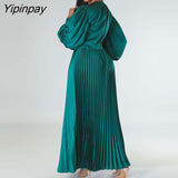 Yipinpay Satin Pleated Maxi Dress For Women Fashion O-neck Lantern Long Sleeve High Waist Lady Dress 2023 Summer Female Streetwear