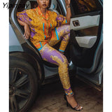 Yipinpay Printed Two Piece Set Women Long Sleeve Lapel Loose Shirt Elastic Pencil Pants Sets Lady Casual Street Top Trousers Sets