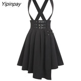 Yipinpay Black Casual Skirt Gothic Streetwear Women Lace Up Button A Line Skirt Double Breasted Mini Solid Skirts