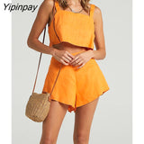Yipinpay Cotton Linen Vest Trousers Two Piece Set Women O Neck Crop Tops High Waist Wide Pants Suit 2023 Lady Tank Shorts Outfits