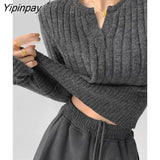 Yipinpay 2023 Winter Korean Style Long Sleeve V Neck Sweater Women Minimalist Slim Crop Tops Ladies Knit Pullovers Female Clothing