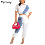 Yipinpay Women Cropped Blouse And Pants Two Piece Set 2023 Summer Tee And Jogger Pants Tracksuit Outfits Female Denim Patchwork Sweatsuit