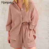 Yipinpay Two Piece Shirt Set Women Loose Blouses Cardigan Tops And Shorts High Waist 2023 Spring Summer Baggy Shirts Outfits Sets
