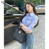 Yipinpay 2023 Summer Half Sleeve Blue Shirt Women Korean style Slim Fold Button Up Ladies Crop Tops Blouse Sexy Female Clothing
