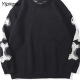 Yipinpay Men Oversized Sweater Black Loose Skeleton Bone Print Women Vintage Retro Knitted Sweater 2023 Autumn Cotton Pullover Unisex 319-2