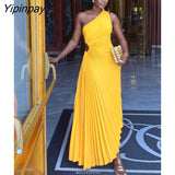 Yipinpay Hollow Out Pleated Dress Women Fashion Sleeveless Diagonal Collar A Line Dresses 2023 Summer Party Prom Evening Vestidos