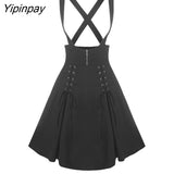 Yipinpay Black Casual Skirt Gothic Streetwear Women Lace Up Button A Line Skirt Double Breasted Mini Solid Skirts