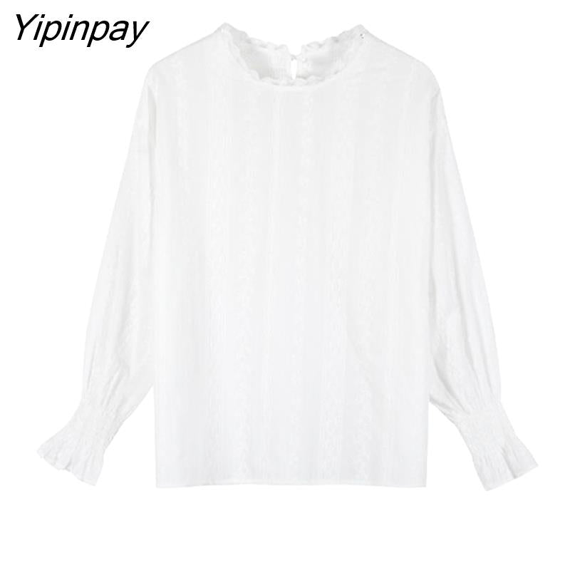 Yipinpay Spring Fashion Korea Style Loose Chiffon Women Blouse Lantern Sleeve Solid Lace White Ladies Shirts O Neck Female Clothing