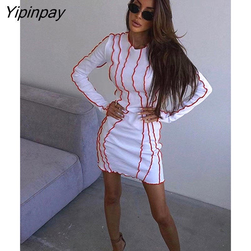 Yipinpay Women's Convex Strip Flare Sleeve Slim Midi Dress 2023 Spring O Neck Party Club Mini Dresses Female Office Solid Robe Outifits