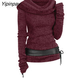 Yipinpay Autumn Sweater Women Colorblock Zip Embellished Hooded Sweater Oversized Warm Female Pullovers Casual Jumper Tops