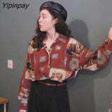 Yipinpay Spring Vintage Print Oversize Women's Shirt Red Blouse Long Sleeve Ladies Tops Plus Size Button Up Fashion Female Clothing