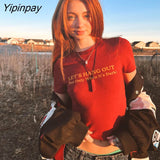 Yipinpay Letter Printing Stitch Harajuku Punk Gothic Crop Tops O-neck Short Sleeve T-shirts clothes shirt vintage clothing tee emo