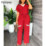 Yipinpay Women Casual Contrasting Drawstring Trousers Suit Female V Neck Blouse Straight Pants Two Piece Set 2023 Fashion Sports Outfit