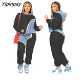 Yipinpay Women Patchwork Denim Panel Tracksuit Set Long Sleeve Hooded Sweatshirt Running Pants Suit 2023 Autumn Fashion Casual Sportswear