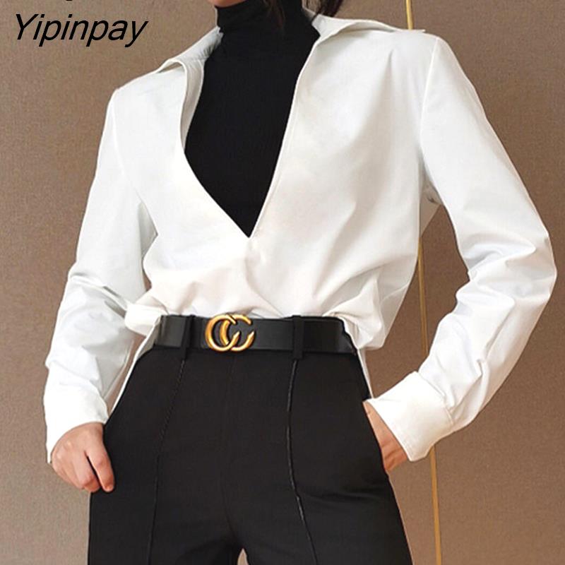 Yipinpay Spring Korean style White Women Blouse Long Sleeve Turn Down Collar Solid Color Female Tunic Shirt Office Ladies Tops Tunic