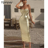 Yipinpay Women Sexy Spaghetti Strap Gold Midi Dress Fashion Wrap Chest Slim Backless Dresses 2023 Summer Party Club Bodycon Vestidos