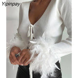 Yipinpay Women Sexy V-neck Feathers Lace Up Ribber Knitted Top Long Sleeve Skinny T-Shirt Tops 2023 Female Y2K Club Fashion Cropped Tees