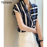 Yipinpay 2023 Summer Striped Short Sleeve Chiffon Shirt Women Office Lady Button Loose Ladies Blouse Work Female Clothing Tops