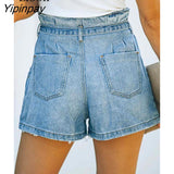 Yipinpay Blue Cotton Button Up Stretch Denim Shorts Women High Waist Streetwear With Pockets Drawstring Sexy Skinny Jean Shorts